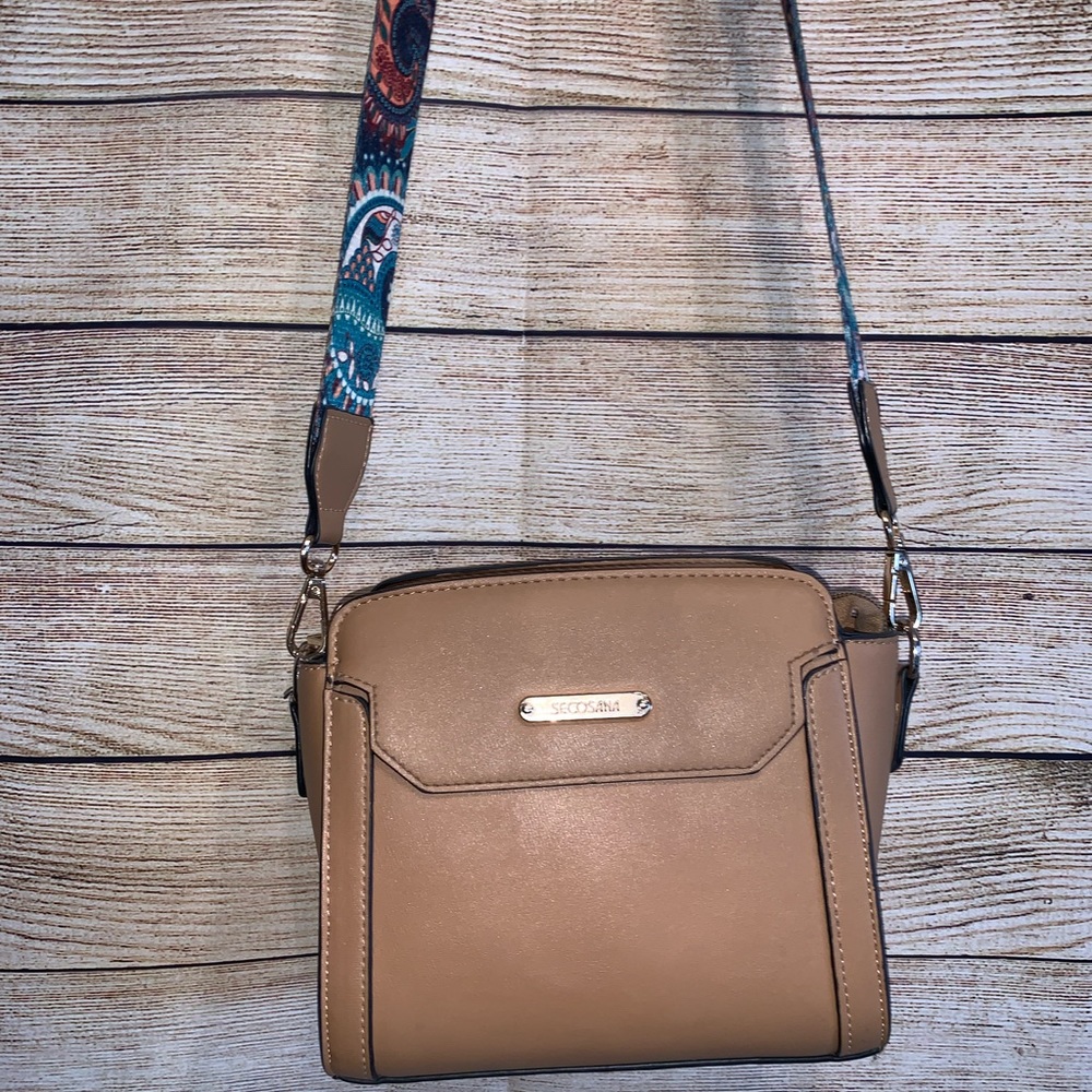 Secosana Tan Crossbody Bag with Blue Strap